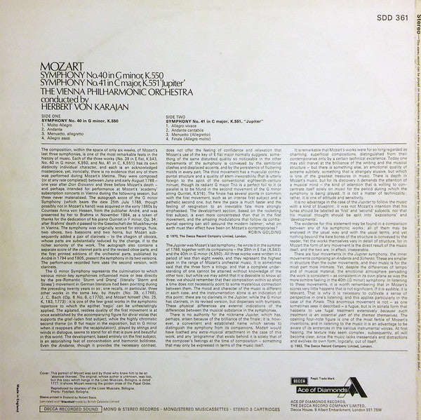 Wolfgang Amadeus Mozart, Wiener Philharmoniker · Herbert von Karajan : Symphony No. 40 / Symphony No. 41 'Jupiter' (LP, RE)