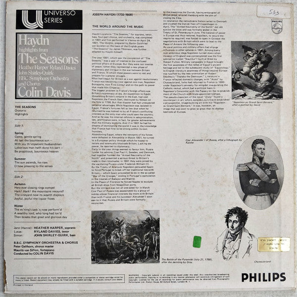 Joseph Haydn - Heather Harper, Ryland Davies, John Shirley-Quirk, BBC Symphony Orchestra And BBC Symphony Chorus, Sir Colin Davis : Die Jahreszeiten, Ausschnitte (LP, Album)