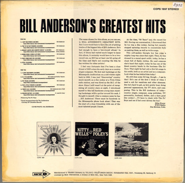 Bill Anderson (2) : Bill Anderson's Greatest Hits (LP, Comp)