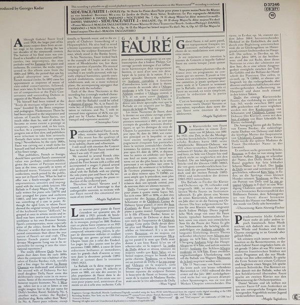 Magda Tagliaferro, Daniel Varsano - Gabriel Fauré : Dolly Op. 56 / Ballade Op. 19 / Nocturnes Nos. 4, 6, 7 (LP, Dig)