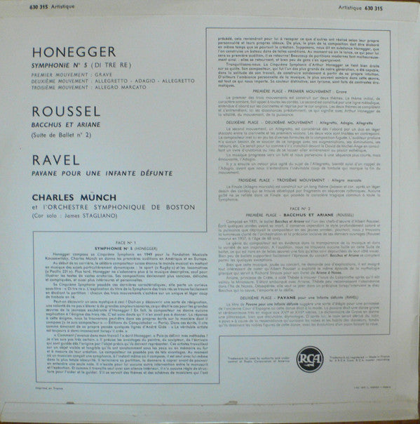 Arthur Honegger / Albert Roussel / Maurice Ravel, Boston Symphony Orchestra, Charles Munch : Symphonie N° 5 / Bacchus Et Ariane (Suite De Ballet N° 2) / Pavane Pour Une Infante Défunte (LP)