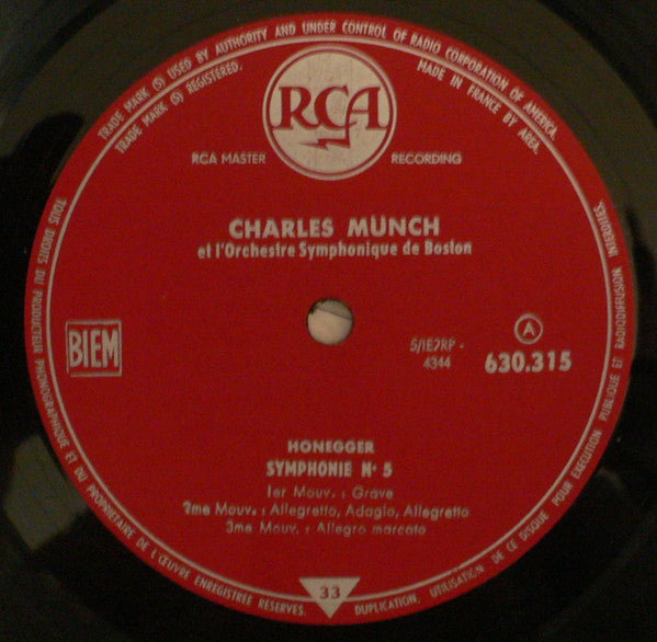 Arthur Honegger / Albert Roussel / Maurice Ravel, Boston Symphony Orchestra, Charles Munch : Symphonie N° 5 / Bacchus Et Ariane (Suite De Ballet N° 2) / Pavane Pour Une Infante Défunte (LP)