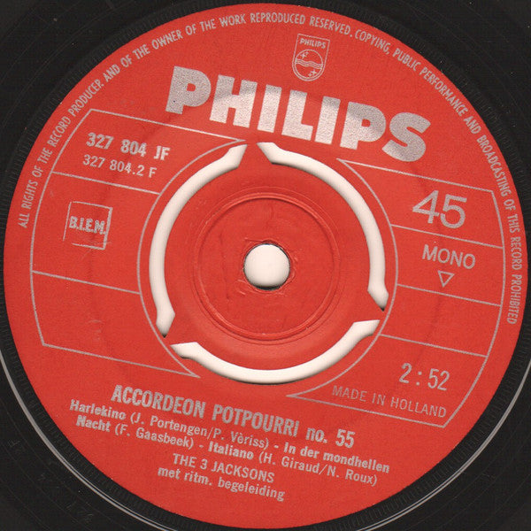 The 3 Jacksons : Accordeon Potpourri No. 55 (7", Single, Mono, Red)