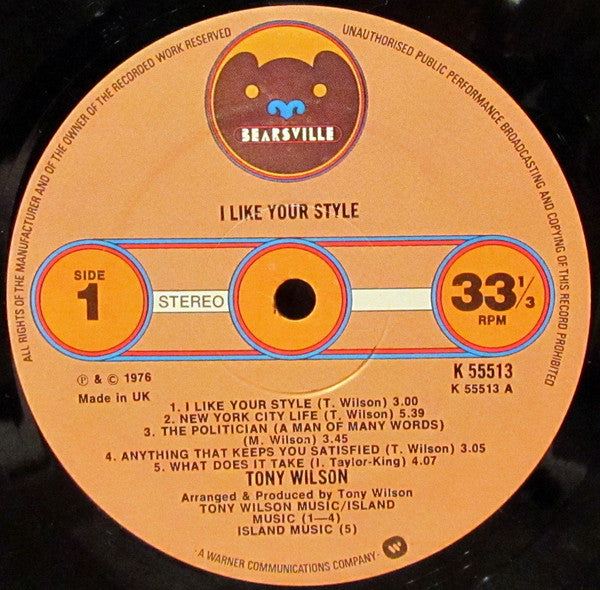 Tony Wilson (3) :  I Like Your Style (LP, Album, CBS)