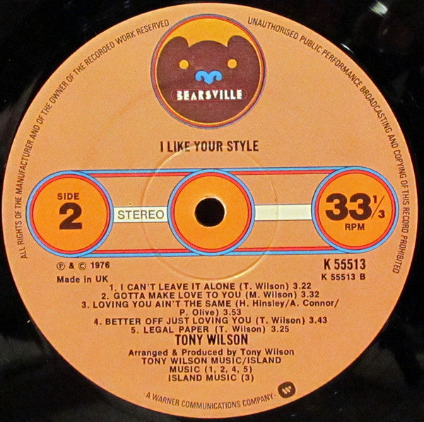 Tony Wilson (3) :  I Like Your Style (LP, Album, CBS)