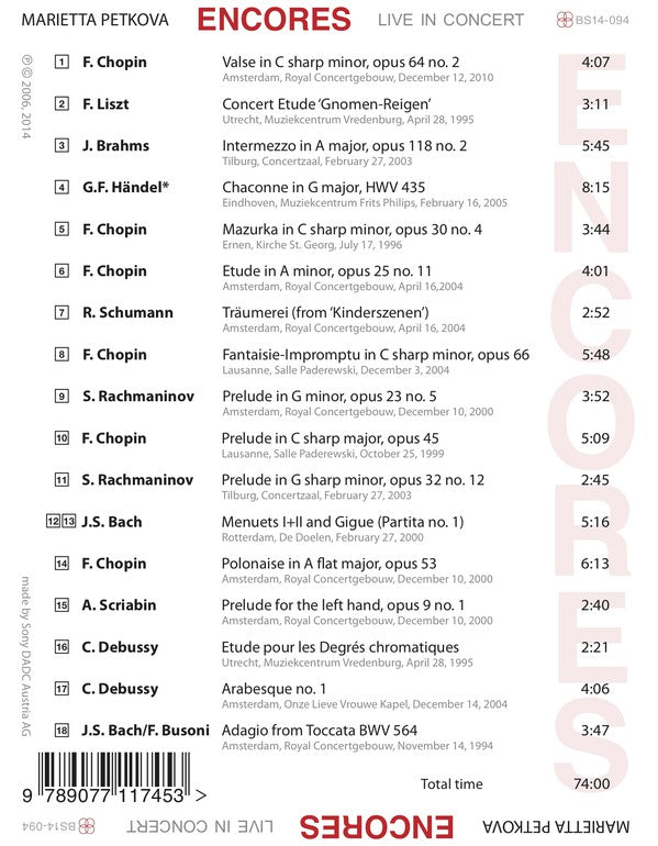 Marietta Petkova : Encores, Live In Concert (CD, Album)