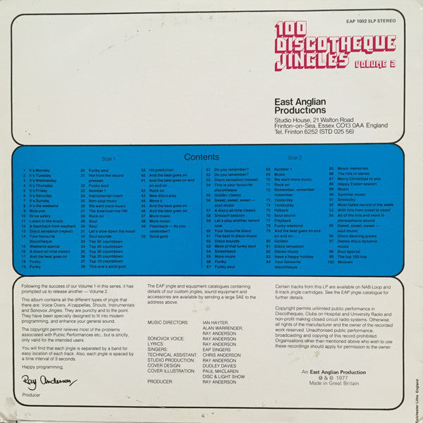East Anglian Productions : 100 Discotheque Jingles Volume 2 (LP, Album)
