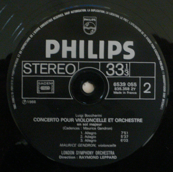 Luigi Boccherini - Maurice Gendron, Orchestre Des Concerts Lamoureux - London Symphony Orchestra, Pablo Casals, Raymond Leppard : Concertos Pour Violoncelle (LP)