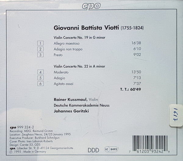 Giovanni Battista Viotti - Rainer Kussmaul, Deutsche Kammerakademie Neuss, Johannes Goritzki : Giovanni Battista Viotti - Violin Concertos 19 & 22 (CD, Album)