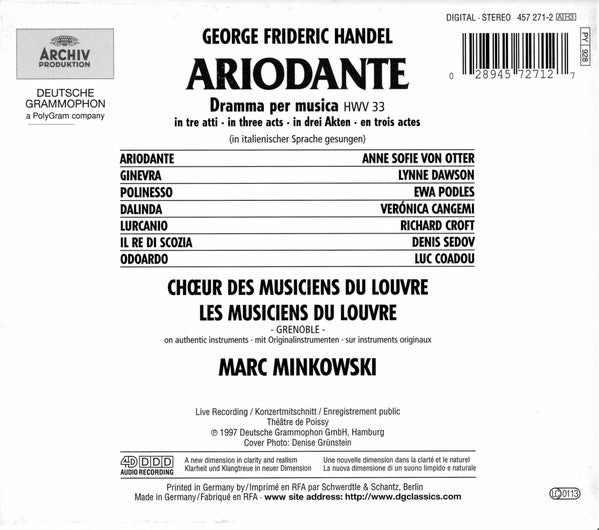 Handel* – Anne Sofie Von Otter · Lynne Dawson · Véronica Cangemi* · Ewa Podles* · Richard Croft · Denis Sedov · Luc Coadou · Les Musiciens Du Louvre · Marc Minkowski : Ariodante (3xCD, Album, RP + Box, sli)