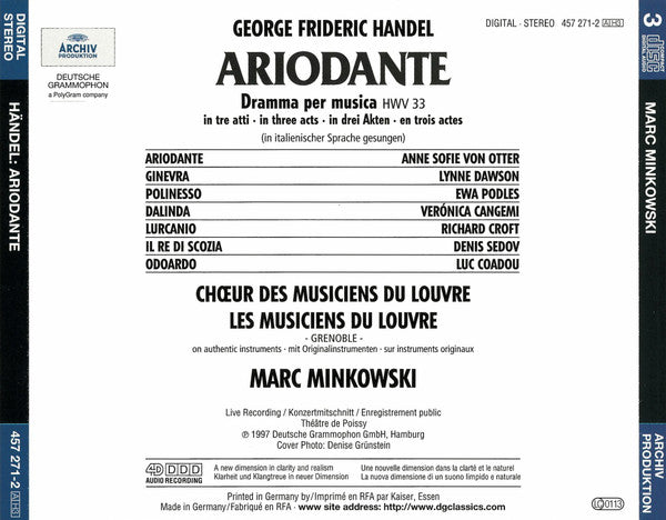 Handel* – Anne Sofie Von Otter · Lynne Dawson · Véronica Cangemi* · Ewa Podles* · Richard Croft · Denis Sedov · Luc Coadou · Les Musiciens Du Louvre · Marc Minkowski : Ariodante (3xCD, Album, RP + Box, sli)