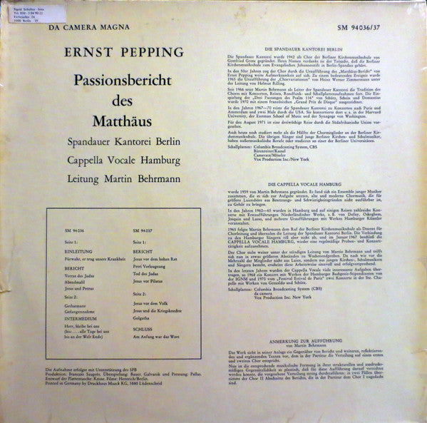 Ernst Pepping · Spandauer Kantorei · Cappella Vocale Hamburg · Martin Behrmann : Passionsbericht Des Matthäus (2xLP, Album, Gat)
