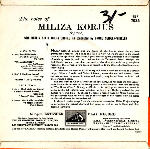 Miliza Korjus : The Voice Of Miliza Korjus (7", EP)