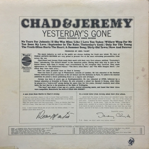 Chad & Jeremy : Yesterday's Gone (LP, Album, Mono, Pit)