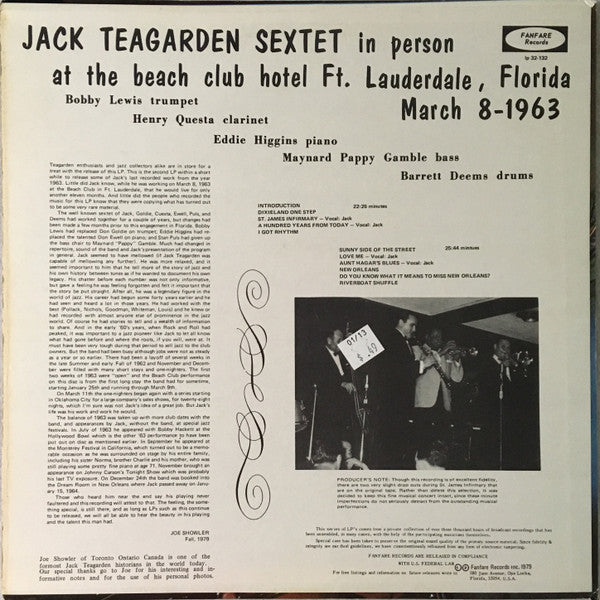 Jack Teagarden Sextet : Jack Teagarden Sextet In Person At The Beach Club Hotel Ft. Lauderdale, Florida March 8-1963 (LP)