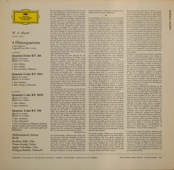 Wolfgang Amadeus Mozart, Philharmonische Solisten Berlin : 4 Flötenquartette (LP)