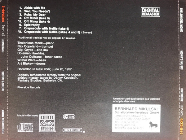 Thelonious Monk Septet : Monk's Music (CD, Album, RE, RM)
