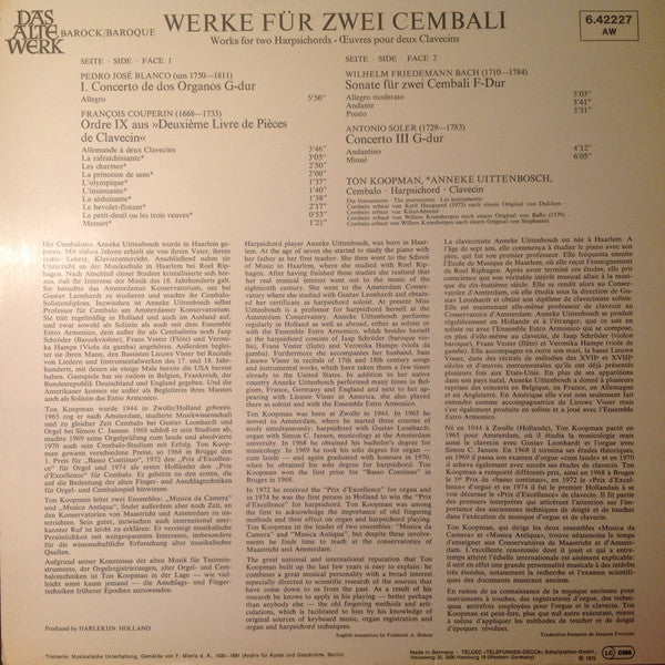 Ton Koopman, Anneke Uittenbosch : Werke Für Zwei Cembali   Works For Two Harpsichords/Oeuvres Pour Deux Clavecins (LP, Album)