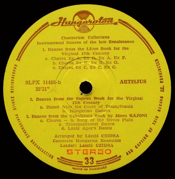 Camerata Hungarica : Chorearum Collectanea: Instrumental Dances Of The Late Renaissance Dances (LP)