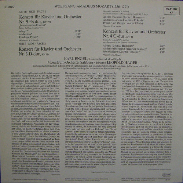 Wolfgang Amadeus Mozart, Karl Engel, Das Mozarteum Orchester Salzburg, Leopold Hager : Klavierkonzerte = Piano Concertos = Concertos Pour Piano  Nr. 3, KV 40 • Nr. 4, KV 41 •  Nr. 9, KV 271 (LP, S/Edition)