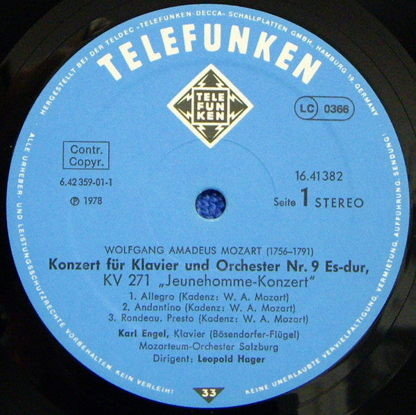 Wolfgang Amadeus Mozart, Karl Engel, Das Mozarteum Orchester Salzburg, Leopold Hager : Klavierkonzerte = Piano Concertos = Concertos Pour Piano  Nr. 3, KV 40 • Nr. 4, KV 41 •  Nr. 9, KV 271 (LP, S/Edition)
