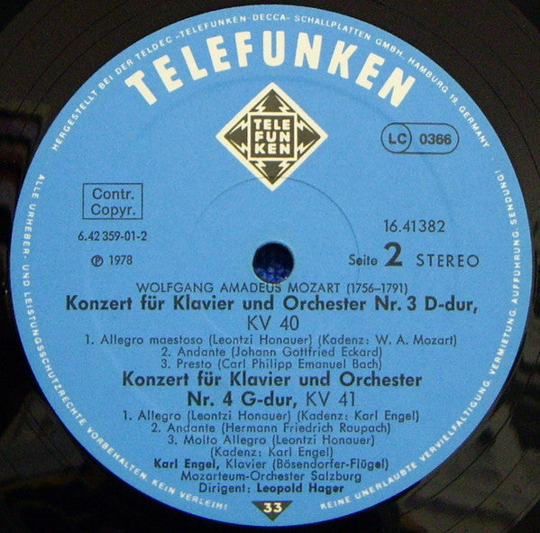 Wolfgang Amadeus Mozart, Karl Engel, Das Mozarteum Orchester Salzburg, Leopold Hager : Klavierkonzerte = Piano Concertos = Concertos Pour Piano  Nr. 3, KV 40 • Nr. 4, KV 41 •  Nr. 9, KV 271 (LP, S/Edition)