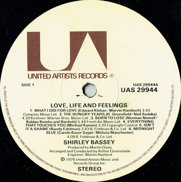 Shirley Bassey : Love, Life And Feelings (LP, Album)