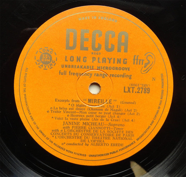 Janine Micheau, Georges Bizet, Charles Gounod, Alberto Erede : Excerpts From Les Pecheurs De Perles And Mireille (LP, Album, Mono)