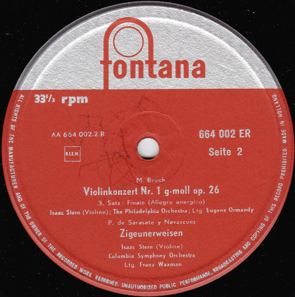 Max Bruch / Isaac Stern, The Philadelphia Orchestra, Eugene Ormandy ; Pablo de Sarasate / Columbia Symphony Orchestra, Franz Waxman : Violinkonzert Nr. 1 / Zigeunerweisen (10")