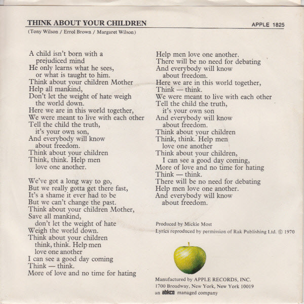 Mary Hopkin : Think About Your Children (7", Single, Los)