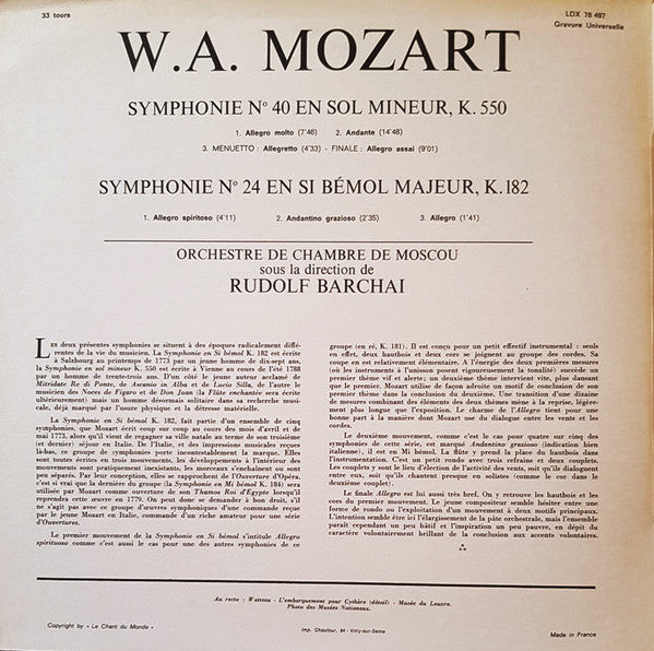 Wolfgang Amadeus Mozart : Symphonie Nº 24 En Si Bémol Majeur, K. 182 / Symphonie Nº 40 En Sol Mineur, K. 550 (LP, Album)
