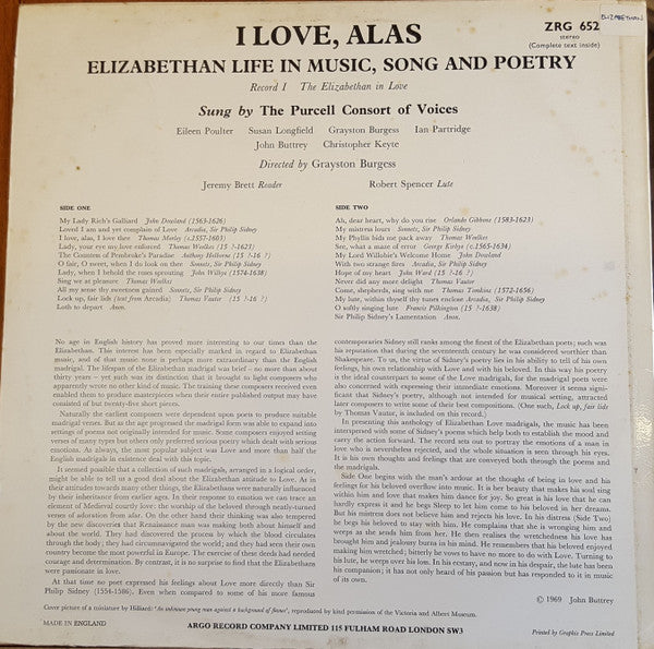 The Purcell Consort Of Voices, Grayston Burgess : I Love, Alas (LP)