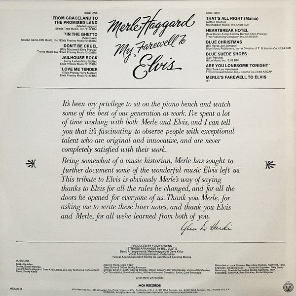 Merle Haggard : My Farewell To Elvis (LP, Album, Pin)