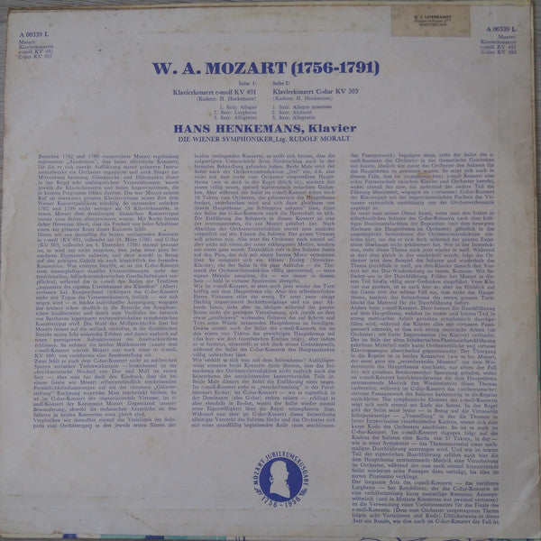 Wolfgang Amadeus Mozart, Hans Henkemans, Wiener Symphoniker Ltg. Rudolf Moralt : Zwei Klavierkonzerte: C-moll K.V. 491 Und C-dur K.V. 503 (LP, Mono)