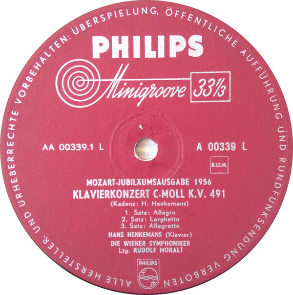 Wolfgang Amadeus Mozart, Hans Henkemans, Wiener Symphoniker Ltg. Rudolf Moralt : Zwei Klavierkonzerte: C-moll K.V. 491 Und C-dur K.V. 503 (LP, Mono)