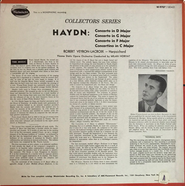Joseph Haydn, Robert Veyron-Lacroix, Orchester Der Wiener Staatsoper Conducted By Milan Horvat : Four Concerti (LP, Mono)