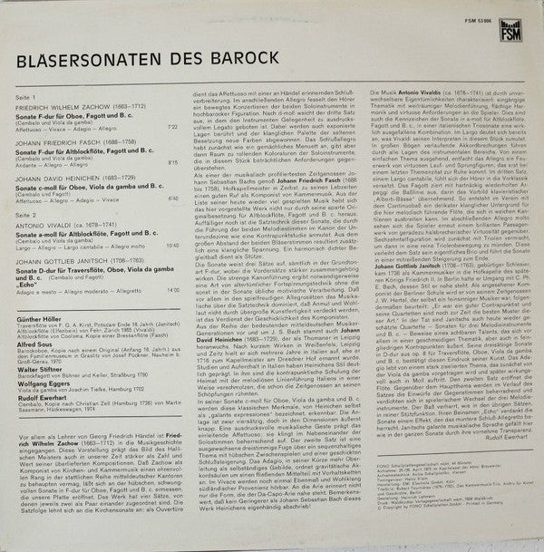 Friedrich Wilhelm Zachow, Johann Friedrich Fasch, Johann David Heinichen, Antonio Vivaldi, Johann Gottlieb Janitsch - Günther Höller, Wolfgang Eggers, Walter Stiftner, Alfred Sous, Rudolf Ewerhart : Bläsersonaten Des Barock (LP)