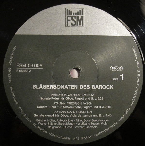 Friedrich Wilhelm Zachow, Johann Friedrich Fasch, Johann David Heinichen, Antonio Vivaldi, Johann Gottlieb Janitsch - Günther Höller, Wolfgang Eggers, Walter Stiftner, Alfred Sous, Rudolf Ewerhart : Bläsersonaten Des Barock (LP)
