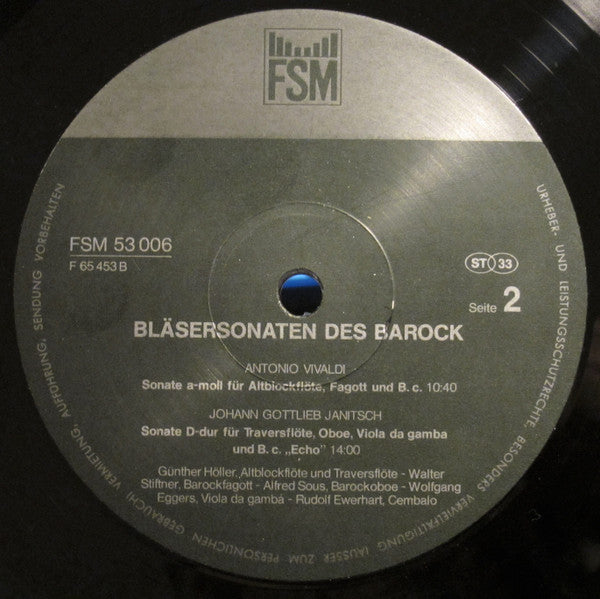 Friedrich Wilhelm Zachow, Johann Friedrich Fasch, Johann David Heinichen, Antonio Vivaldi, Johann Gottlieb Janitsch - Günther Höller, Wolfgang Eggers, Walter Stiftner, Alfred Sous, Rudolf Ewerhart : Bläsersonaten Des Barock (LP)