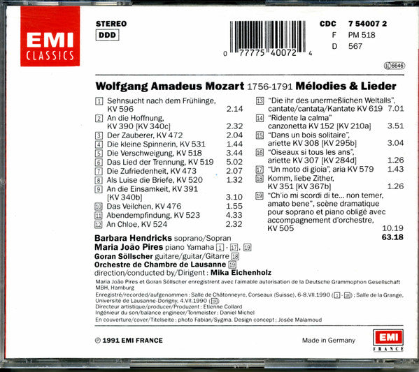Wolfgang Amadeus Mozart, Barbara Hendricks, Maria-João Pires : Mélodies & Lieder - "Ch'io Mi Scordi Di Te?" (CD)