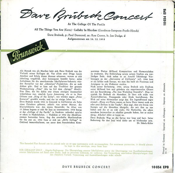The Dave Brubeck Quartet : Dave Brubeck Concert (7", Single, Mono, RP)