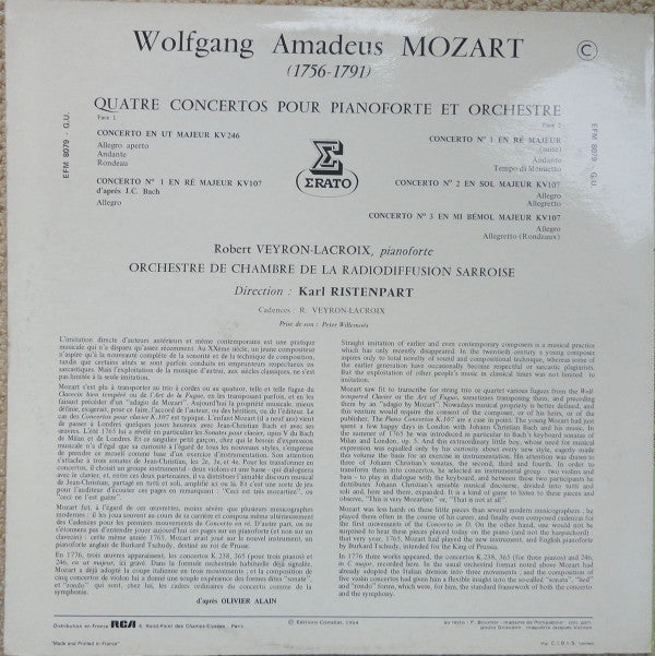 Wolfgang Amadeus Mozart - Robert Veyron-Lacroix, Kammerorchester Des Saarländischen Rundfunks, Saarbrücken , Dir. Karl Ristenpart : Quatre Concertos Pour Pianoforte KV 246-107 (LP)