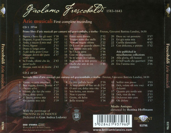 Girolamo Frescobaldi / Modo Antiquo, Bettina Hoffmann : Frescobaldi Edition Vol 7, Arie Musicali (2xCD)