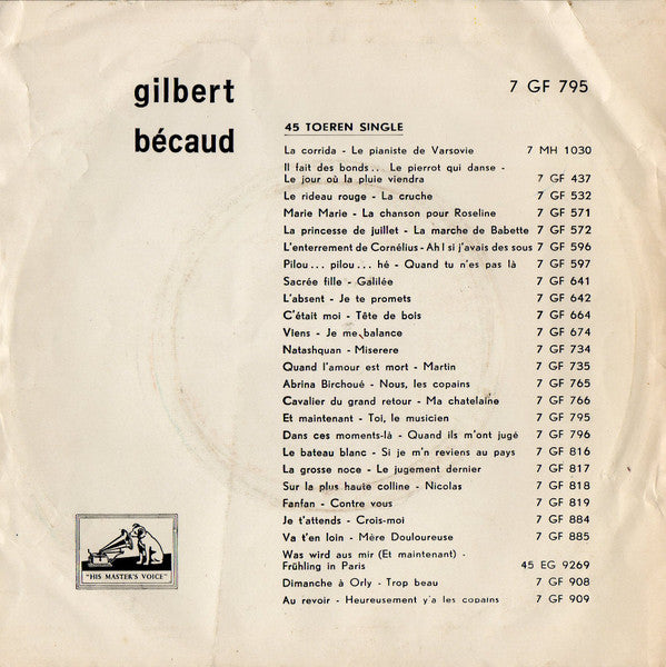 Gilbert Bécaud : Et Maintenant / Toi, Le Musicien (7", Single, Bla)