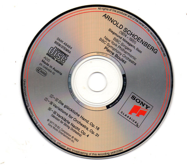 Arnold Schoenberg - Pierre Boulez, Siegmund Nimsgern, BBC Singers, BBC Symphony Orchestra, New York Philharmonic : Die Glückliche Hand / Variations, Op. 31 / Verklärte Nacht (CD, Comp)