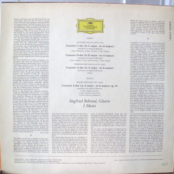 Antonio Vivaldi • Ferdinando Carulli • Mauro Giuliani (2) ; Siegfried Behrend • I Musici : Guitar Concertos (LP, Album)