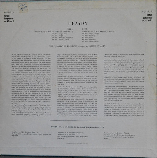 The Philadelphia Orchestra, Eugene Ormandy / Joseph Haydn : "Farewell" Symphony No. 45 In F Sharp Minor / "Le Midi" Symphony No. 7 In C Major  (LP, Album, Mono)