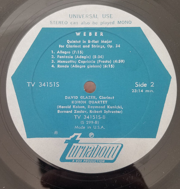 Carl Maria von Weber / David Glazer : Concerto Nº 1, Clarinet / Concertino, Clarinet / Quintet Clarinet (LP)