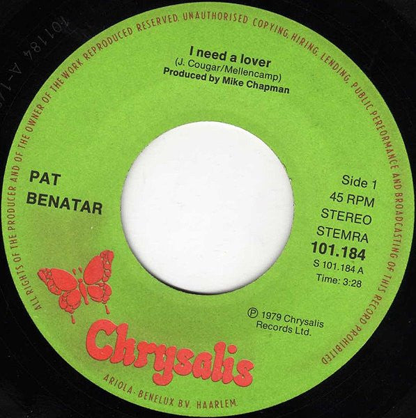 Pat Benatar : I Need A Lover (7", Single, Gre)