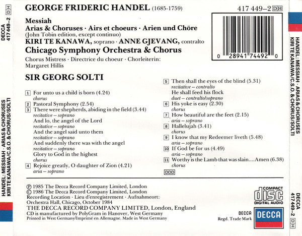 Georg Friedrich Händel, Kiri Te Kanawa, Anne Gjevang, Chicago Symphony Orchestra & Chicago Symphony Chorus, Georg Solti : Messiah Arias & Choruses (CD, Album)